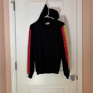 Lola + The Boys Black Hoodie with Rainbow Sequin Sleeves.